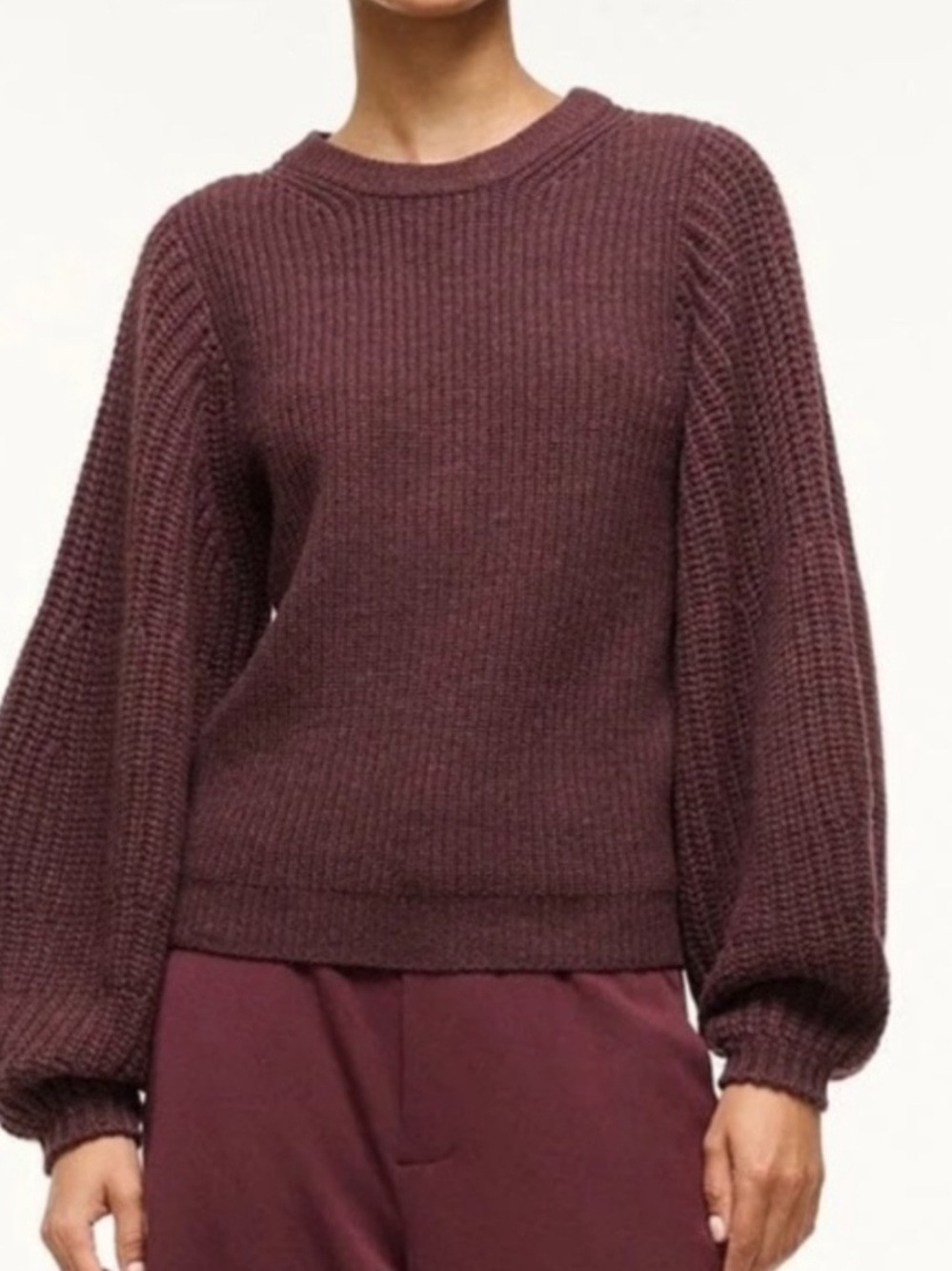 STAUD SM Aura  Wool Chunky Knit Brown Purple Knit Dramatic Ballon Sleeve Sweater